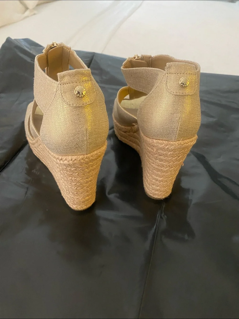 Michael Kors Gold Metallic Espadrille Wedge Sandals with Front Zip